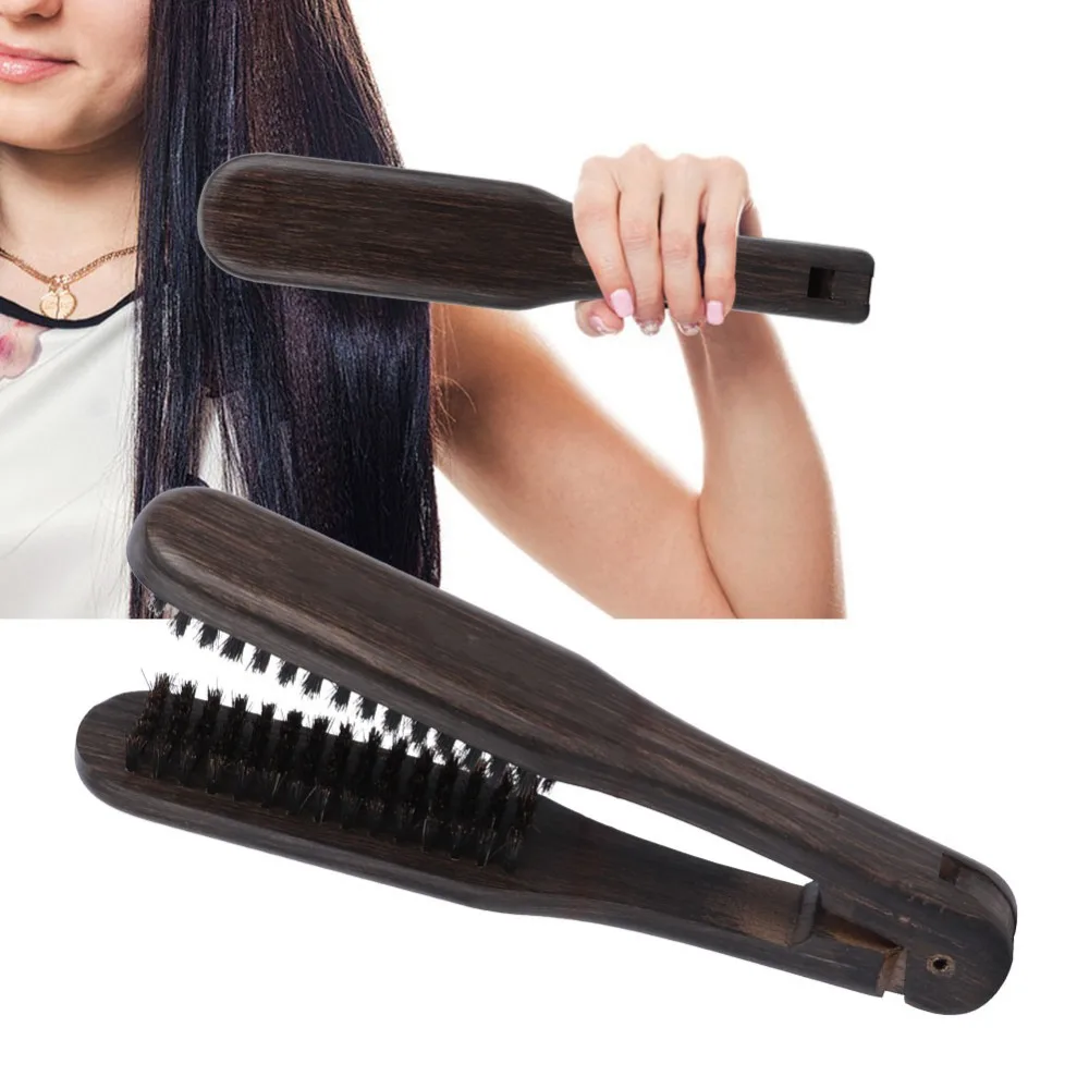 Wooden Handle Double Brushes Hair Straightening Comb Ergonomic Design Soft Wooden Anti Static Hair Straightener Tool