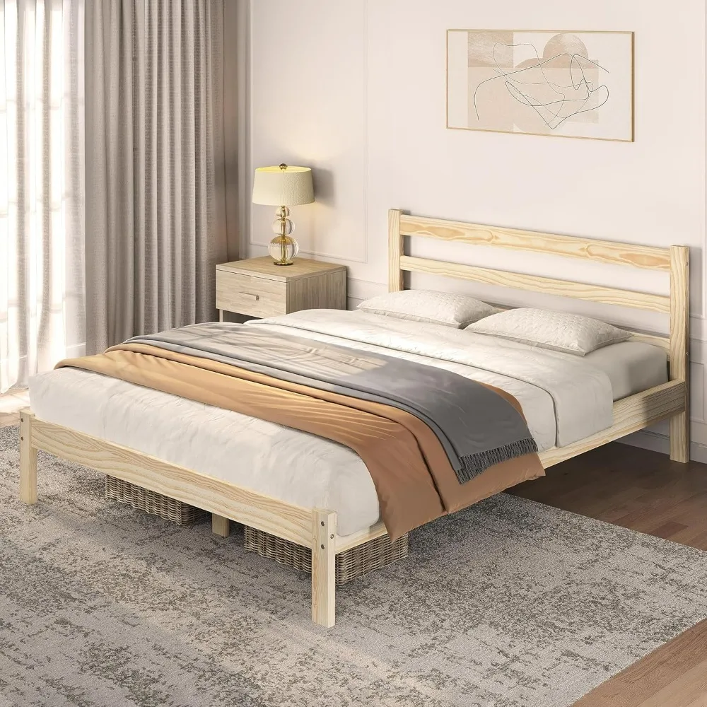 Queen Bed Frame Solid Pine Wood Platform Bed with Paneled Headboard, Slats Support/Noise-Free/7.5 Inch Space Underneath