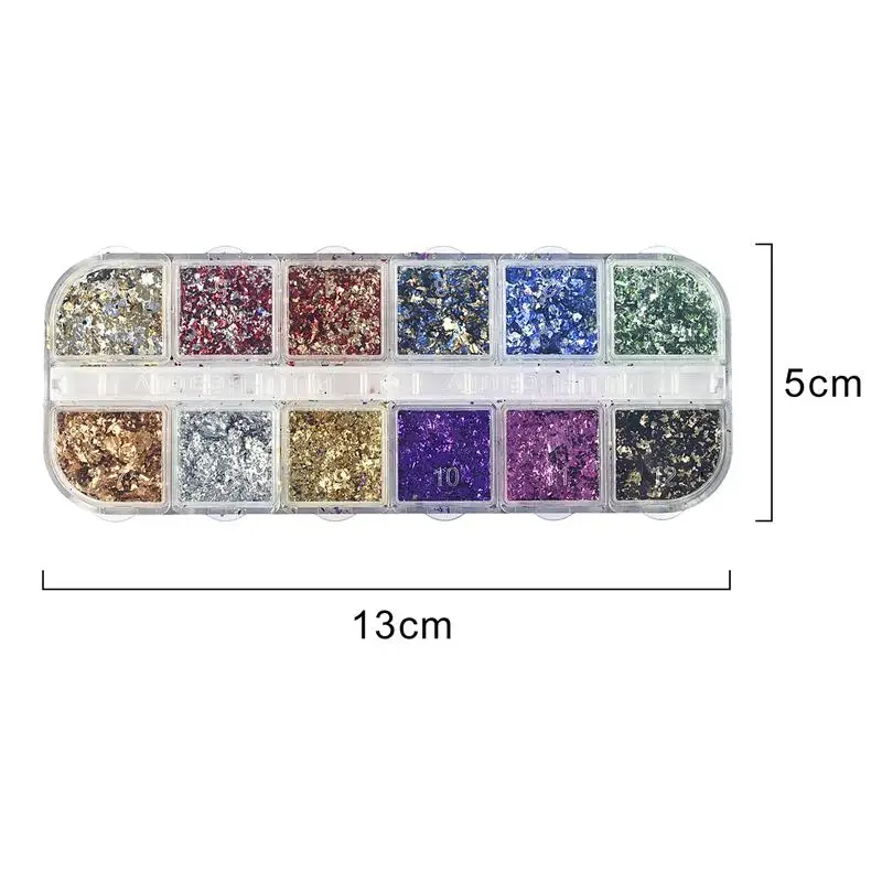 12 Grids Gold Foil Paper Resin Pigment Leaf Flakes Foil Fragments Colorful Alloy Foil Flakes For Nail Decoration Jewelry Making