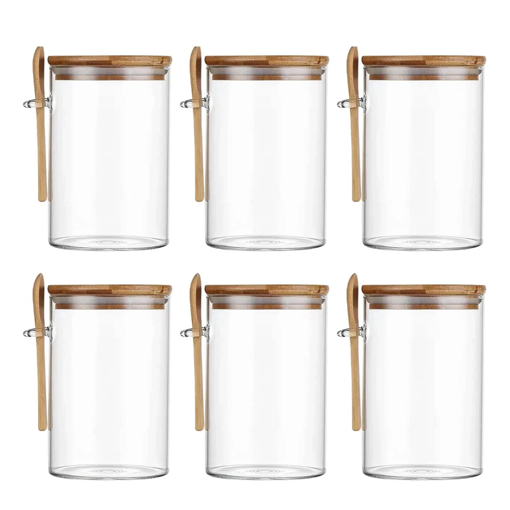 

6 Pieces 500ML Glass Storage Jars with Spoons Sealed Glass Bottle, Kitchen Seasoning Storage Tank, Bamboo Cover Glass Bottle