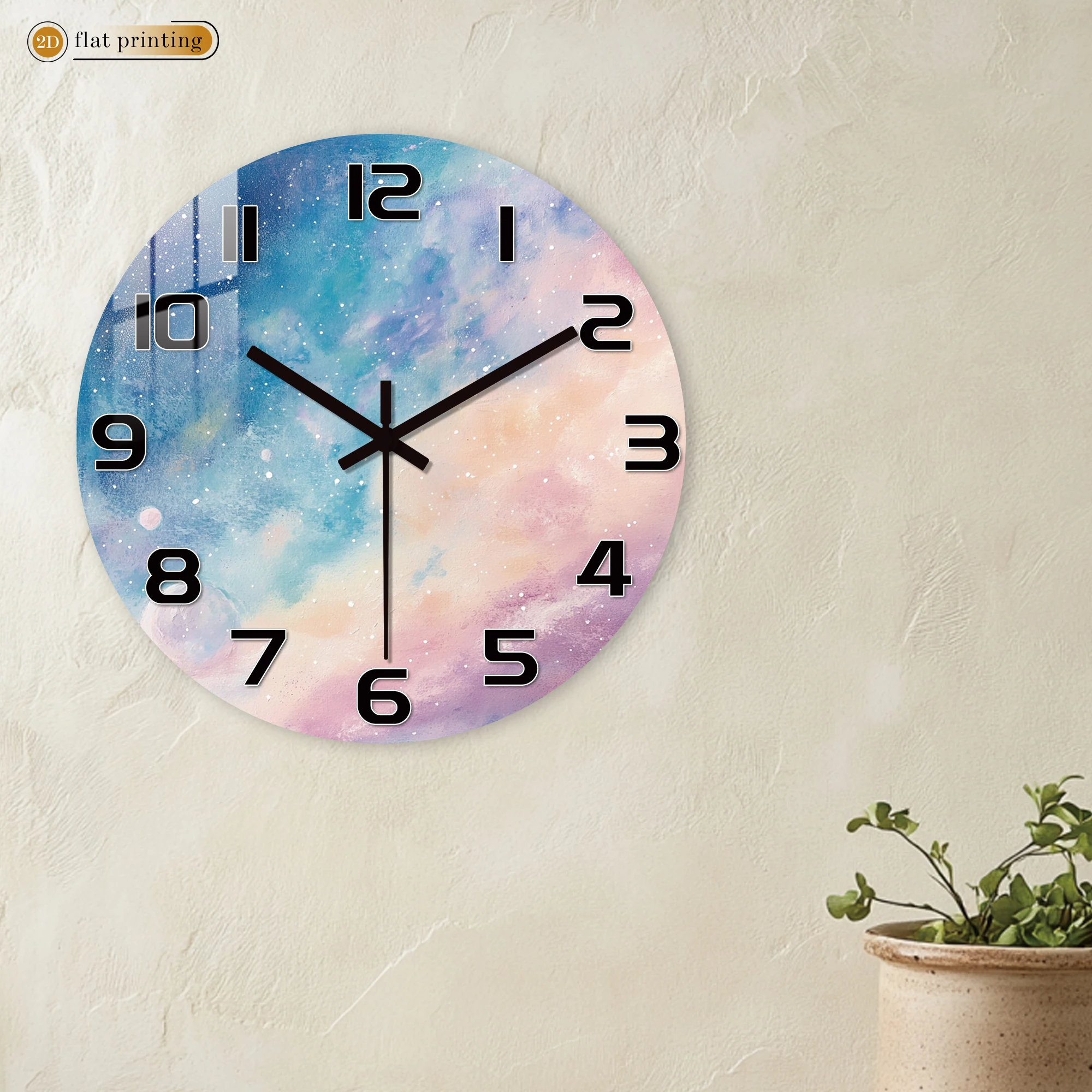 Pastel Galaxy Watercolor Wall Clock - Vibrant Blue Pink Nebula 2D Flat Printed Decor - Silent Non-Ticking Round Timepiece