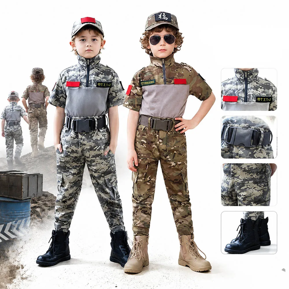 

Kids Tactical Camo Short Sleeve Suit Children's Day Boys Girls Cosplay Costume Military Style Uniform for Daily Wear Party Cos