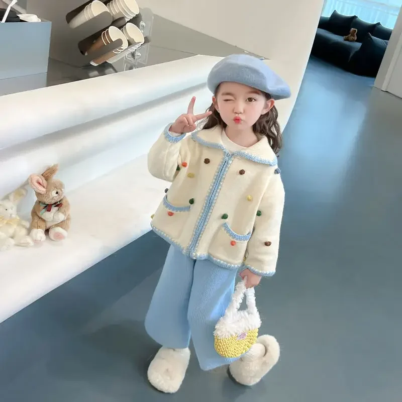 Suéter de Anime Sanrioed Cinnamoroll para niñas, abrigo de otoño, traje de moda, cárdigan, pantalones, dos piezas, coreano, alta calidad, nueva ropa para niños