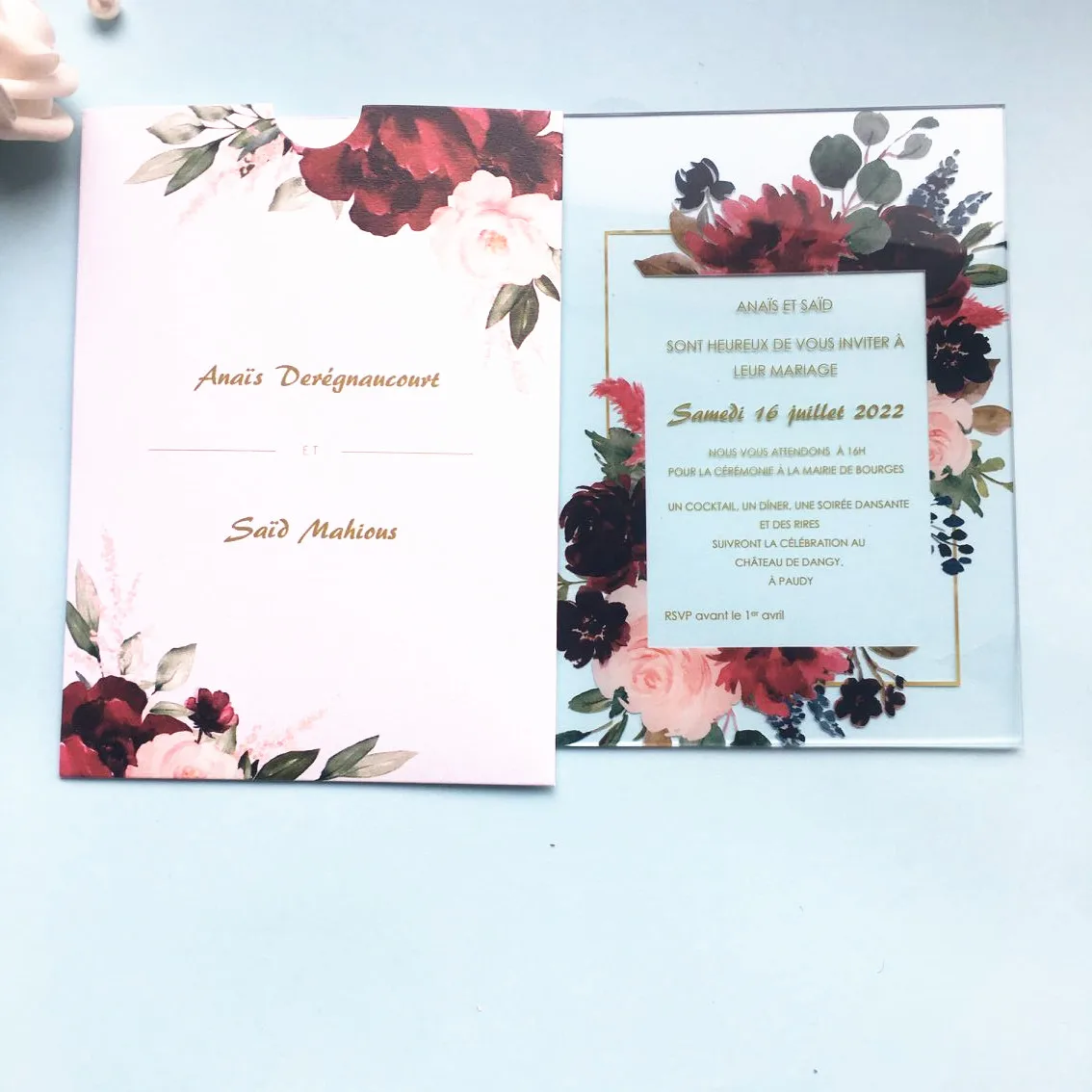 Cartes d'InPorter de Fleurs Rouges Découpées au Laser, Décoration de Mariage en Plexiglas, Invitations de Fiançailles avec Enveloppe