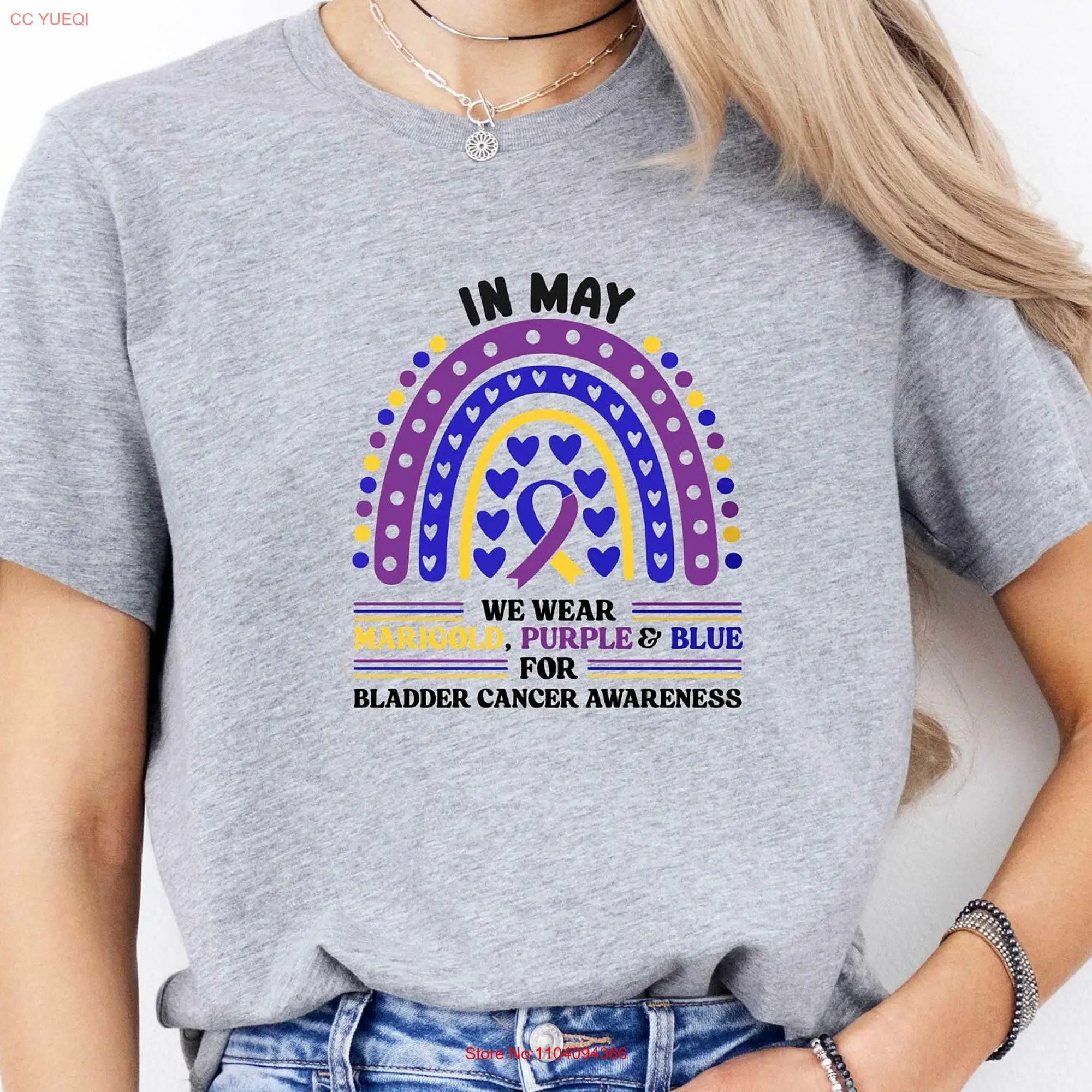 Bladder Cancer Awareness T Shirt Rainbow In May We Wear Marigold Purple Blue Ribbon Chemo long or short sleeves