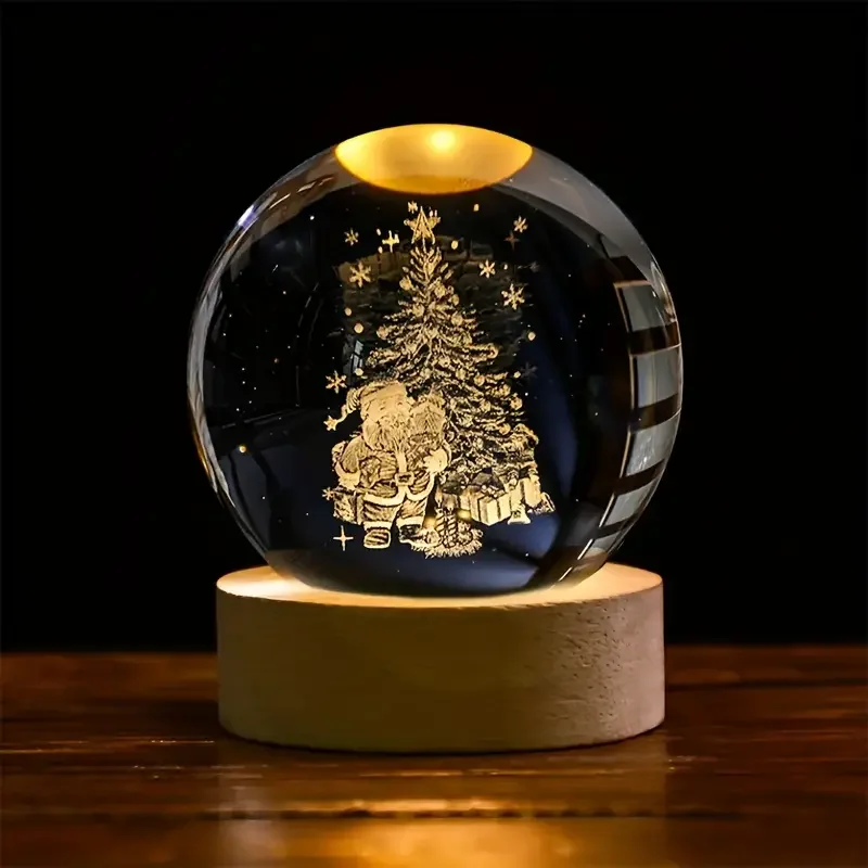 Santa 3D laser carved crystal ball with colored lights, living room bedroom home decorative lights, table decoration glass ball