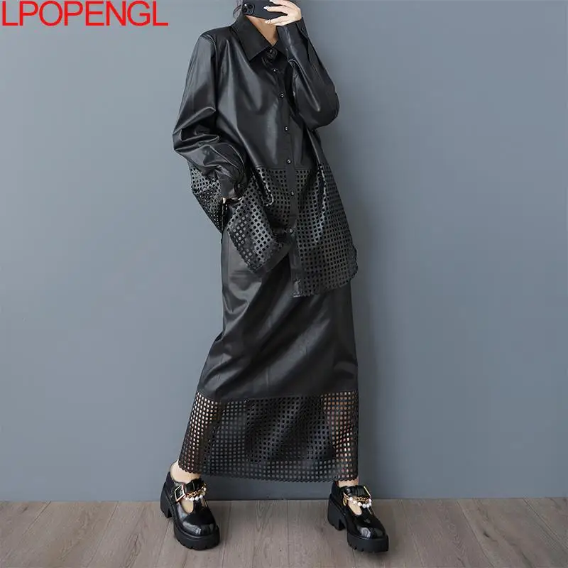 Woman 2025 Spring Black Hollow Out Pu Stitching Fashion Shirt + Elastic Waist Back Slit Skirt Streetwear Loose Two Piece Set