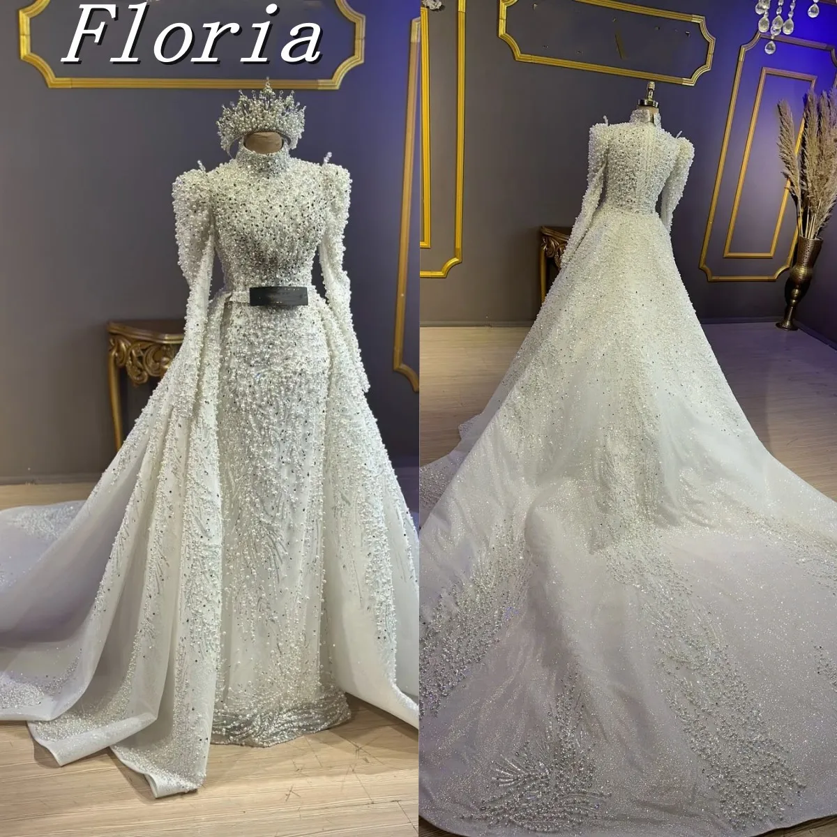 

Classic Muslim Handmade Mermaid Evening Dresses Crystals Long Prom Party Gowns Customized With Large Detachable Overskirt