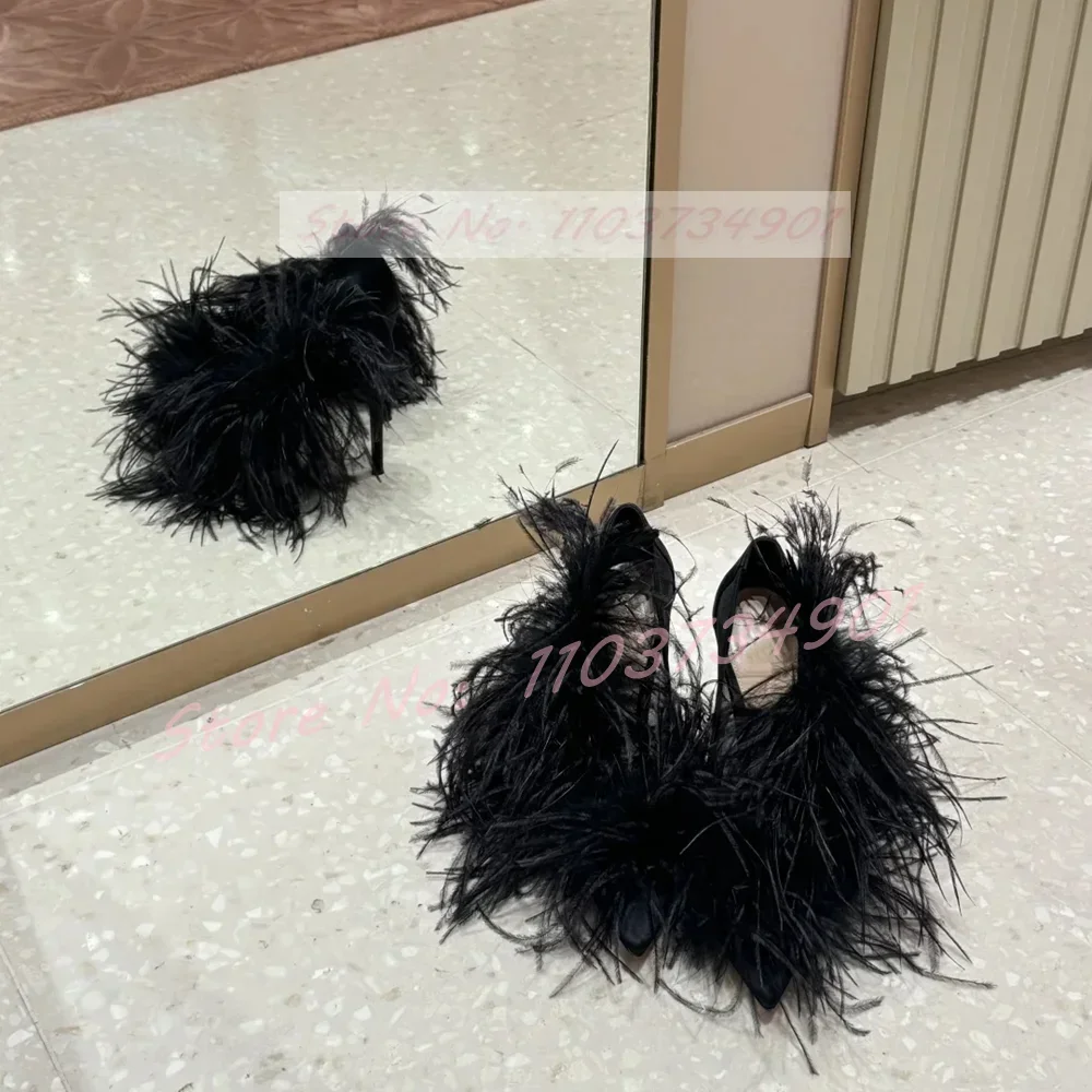 Feather Mesh Black Satin Pumps Women Elegant Party Pointy Toe Stiletto High Heels Shoes Ladies Trendy Casual Chic Slip-On Pumps