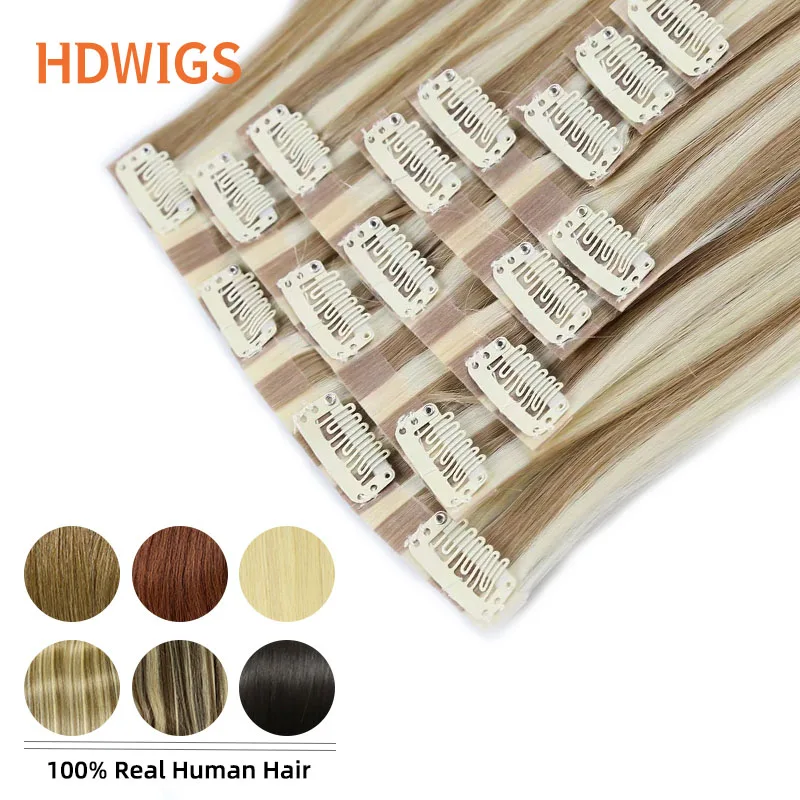 PU Clip in Hair Extension Human Hair Straight 8pcs Steamless Clips in Virgin Human Hair Extensions Durable PU in Human Hairpiece