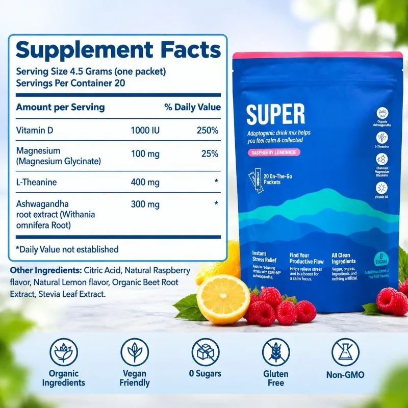 Adaptogenic Drink Mix Powder with Ashwagandha Root Extract, L-Theanine, Magnesium Glycinate and Vitamin D for Adult 20 Packets
