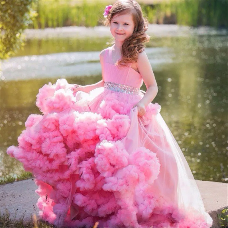 Girl Princess Dress Lace Puffy Flower Girl Dresses Sleeve Cute Girl Birthday Dress Wedding Party Dress Baby Dress