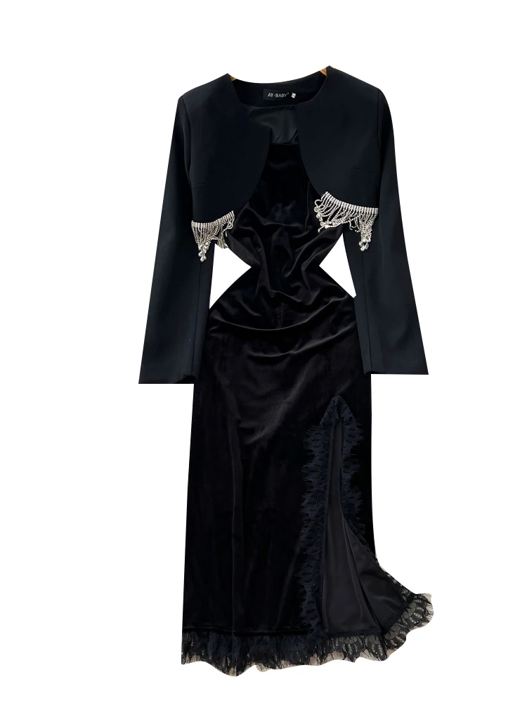 Ele Bla Velluto con finiture in pizzo Avvolgente Cintura in vita Dr con abito con nappa Jaet Set Faion da donna a vita alta Regular Sve Long