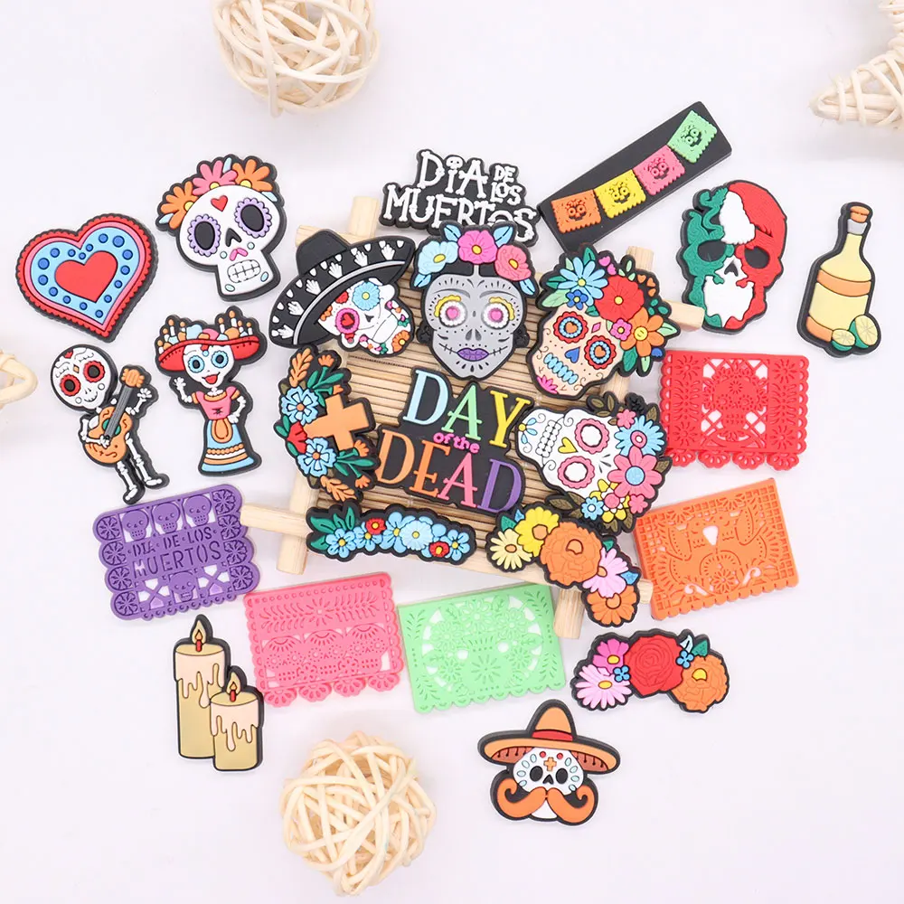 Hot Sale 1-24pcs PVC Shoe Charms Mexican Style Funny Skull Monster Accessories DIY Shoes Decoration For Kids X-mas Gift