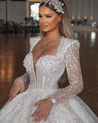 Robe de mariée de Dubaï à col en V et manches longues, boule de patients personnalisée, plus de perles et de paillettes, vêtements éducatifs