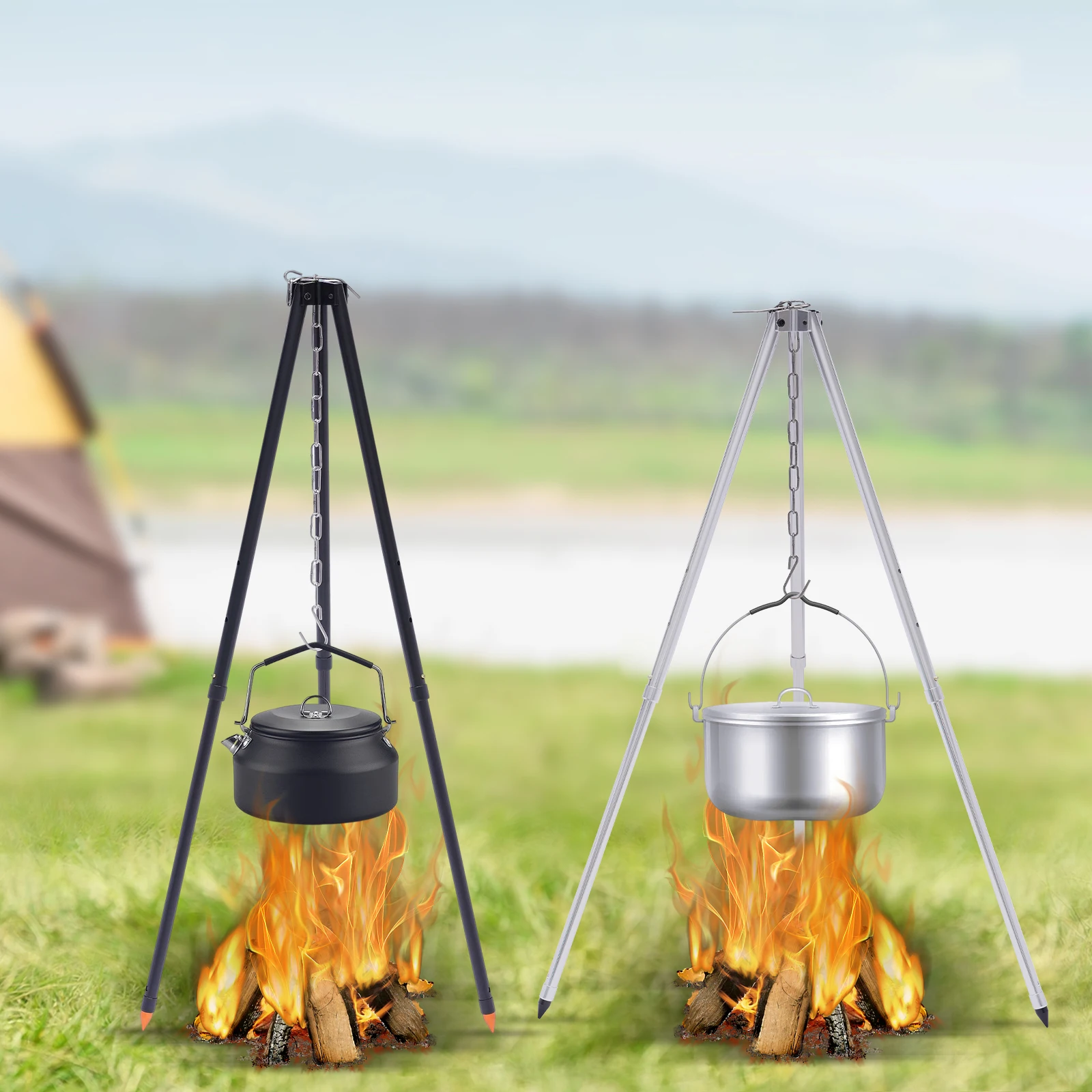 Camping Grill Cooking Equipment BBQ Tripod Lantern Tripod Ring Hook Hanging Pot Outdoor with Storage Bag for Outdoor Activities