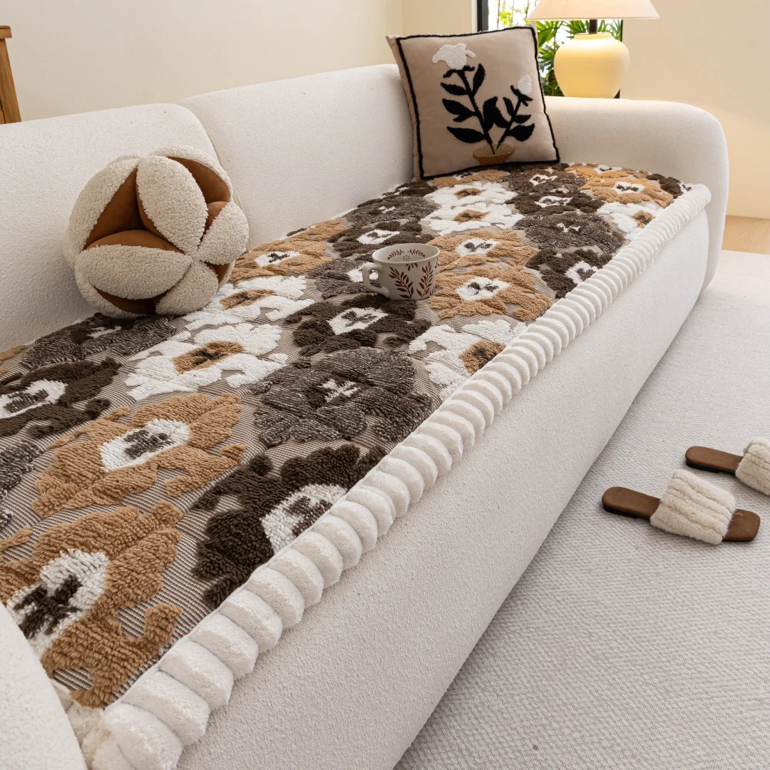 Warm Tuffed Fleece Bohemian Quilting Non-Slip Sofa Pad, Living Room Couch Seat Cover Furniture Protector Pet Friendly Slipcover