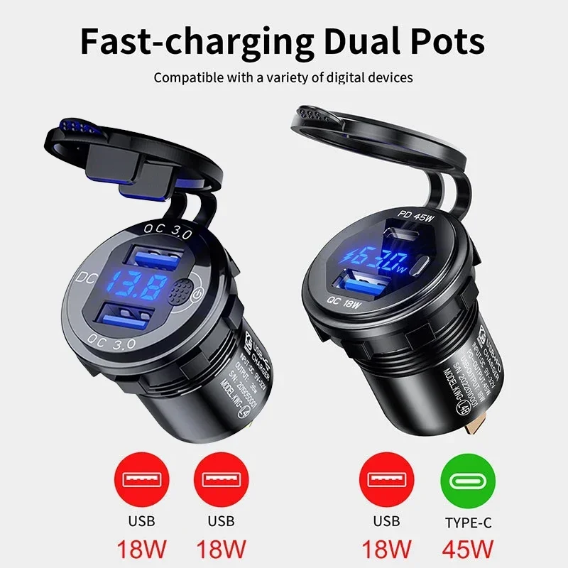 Aluminum Quick Charge 3.0 and PD Dual USB Car Charger Socket 12V/24V 63W Dual USB Motorcycle Socket Power Outlet Charge Adapter - náhled 2
