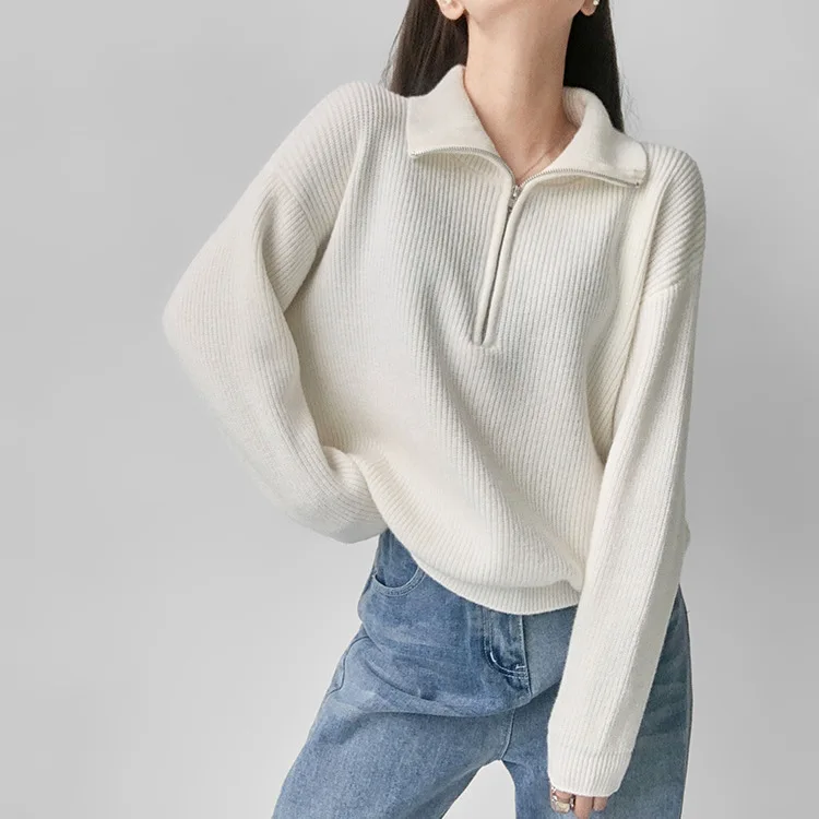 

Solid Pullovers Zippers Spliced Turn Down Collar Knitted Female Sweater Long Sleeve Jumpers Striped Loose Fit Basics 2024