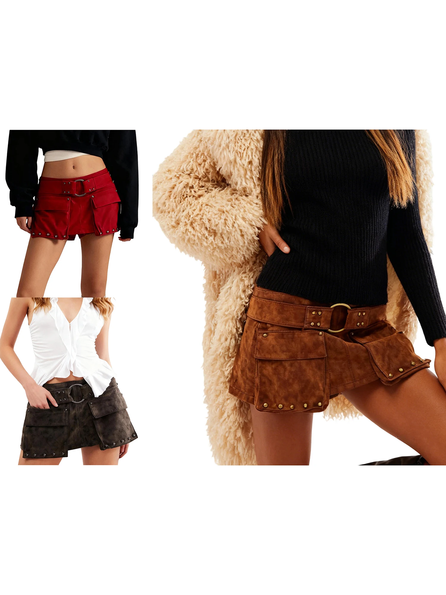 スタイリッシュな女性用ハイウエストプリーツスカート、内蔵ショーツ付き、トレンディなリベット装飾、カジュアルな外出に最適