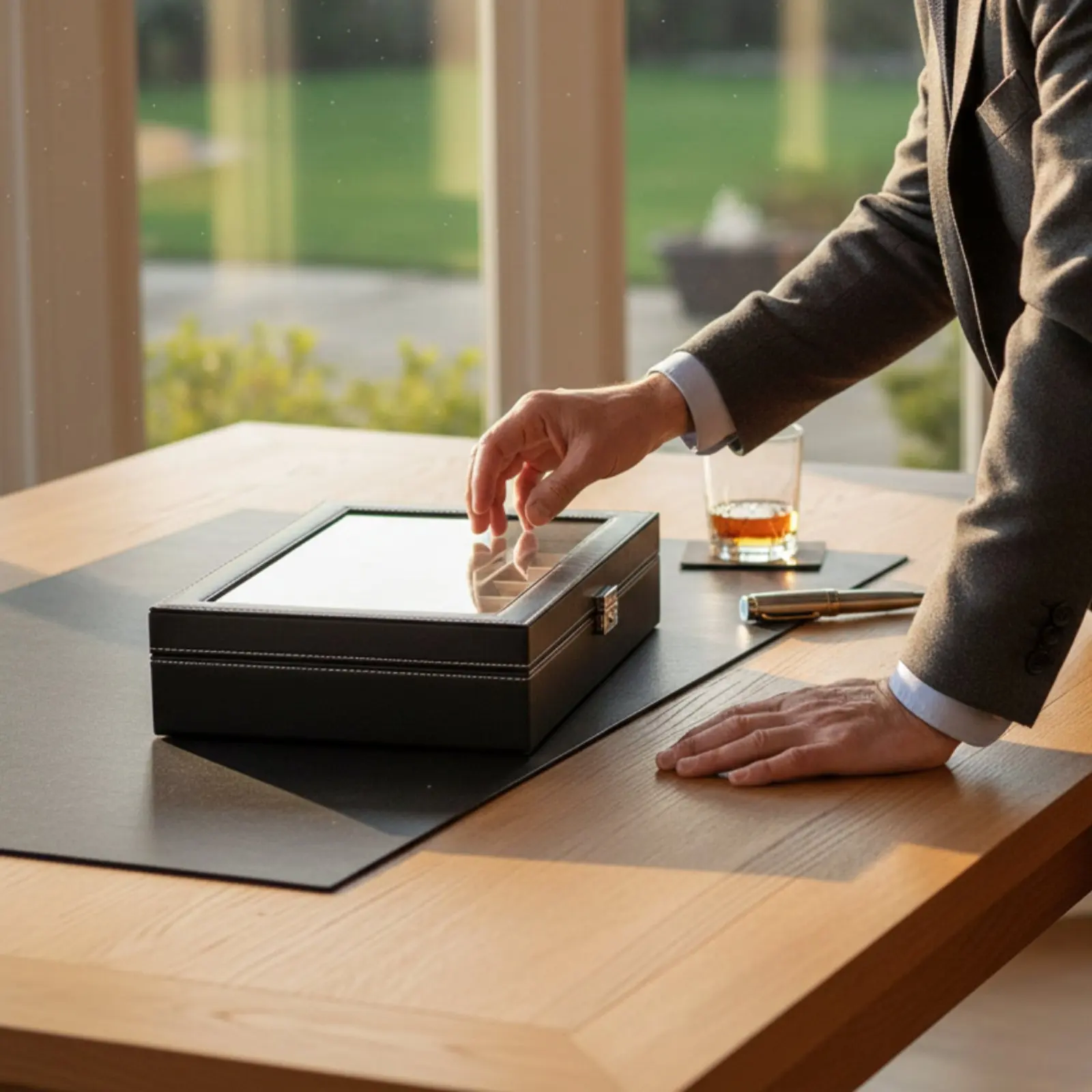 24コンパートメントウォッチボックス安全な金属製クラスプ付きガラストップウォッチディスプレイケース、男性用、清潔で耐水性があります。