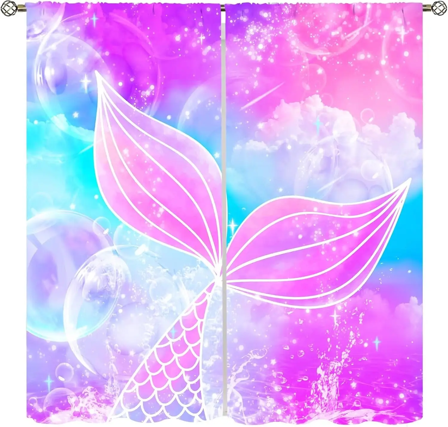 Cortinas de Sirena para Niñas, Diseño de Cola de Sirena con Escamas de Pescado en Tonos Arcoíris Rosa y Morado, Cortinas con Estampado Oceánico de Fantasía para Sala de Estar