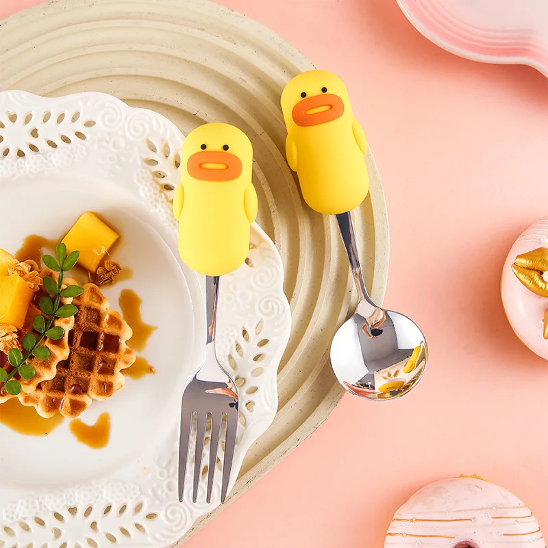 304 Cartoon Stainless Steel Spoon Fork Big Yellow Duck Cute Rabbit Children's Eating Spoon Fork  Anti Drop Anti Scald  Anti Mold