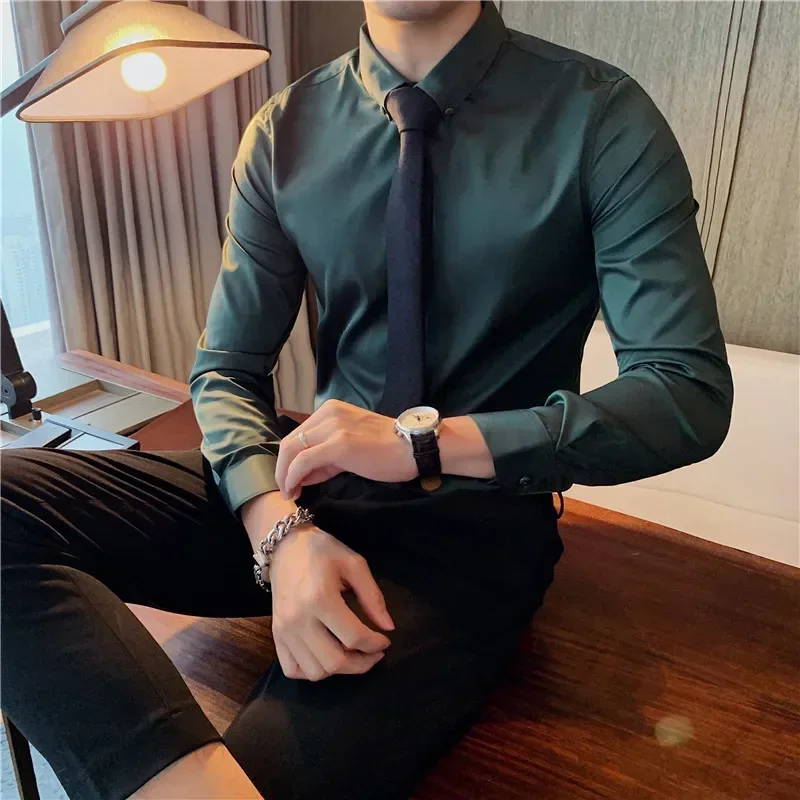 Fashion British Style Men\'s Slim Fit Long Sleeved Shirt Solid Color Dark Green Black White Social Casual Business Shirts 6XL 7XL