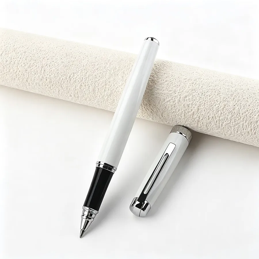 Luxury White Metal Ballpoint Pen with Silver Trim Classic Design 0.7mm Smooth Writing Gel Pen for Men Women
