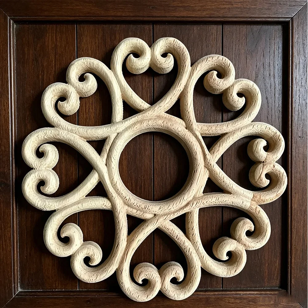 15cm Wood Carved Little Appliques Round Flower Carving Craft Decals Onlays for Home Door Dresser Bed Wall Furniture Decor
