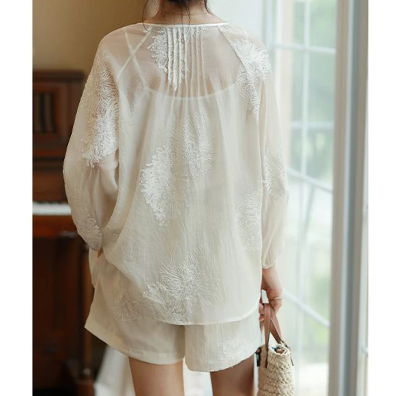 Two Piece Set for Women Chinese Style Vintage Embroidery V Neck Long Sleeve Thin Tops Female High Waist Elegant Wide Leg Shorts