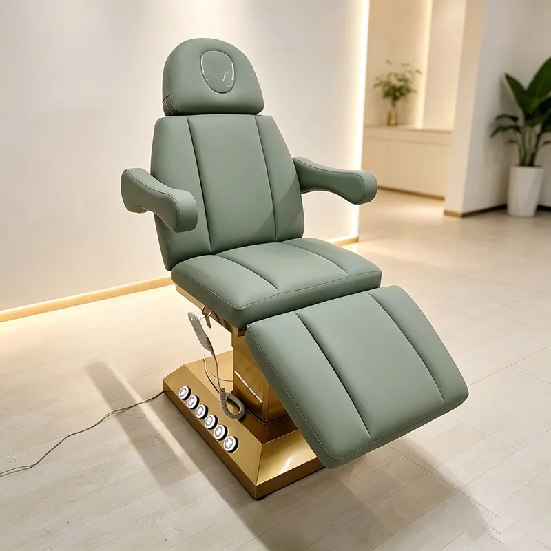 3 Motor Green Electric Beauty Chair, Gold Base Reclining Facial Treatment Chair With Face Cutout