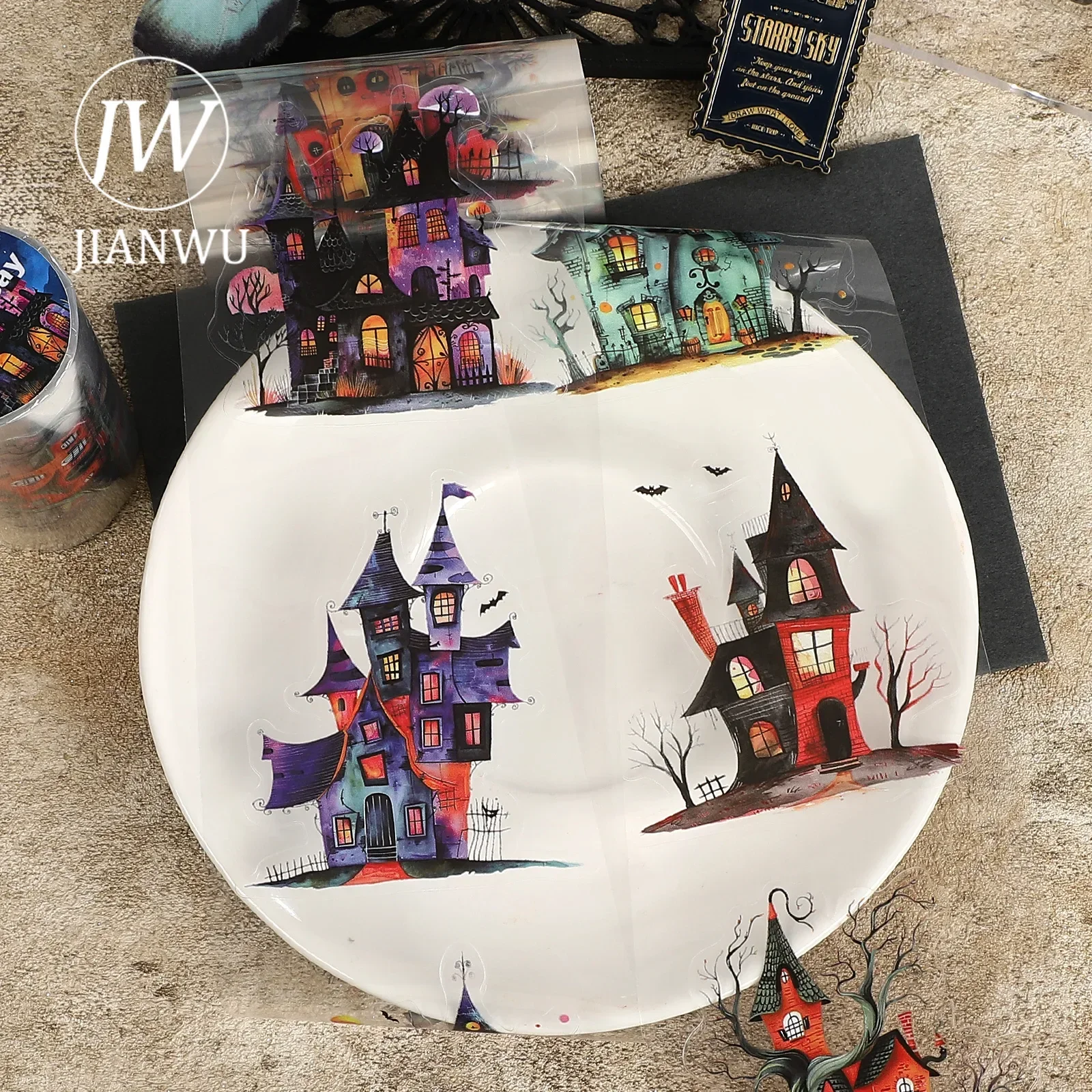 JIANWU 80mm*200cm Vintage Halloween Cartoon Haunted House Landscape Material Collage Scrapbooking PET Tape Journal Stationery