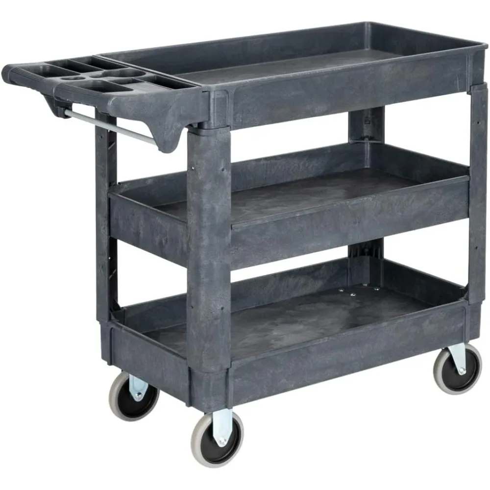 Plastic Service Utility Cart with Wheels, 550lbs Capacity, Heavy Duty Tub W/Deep Shelves, Multipurpose Rolling 3-Tier Mo