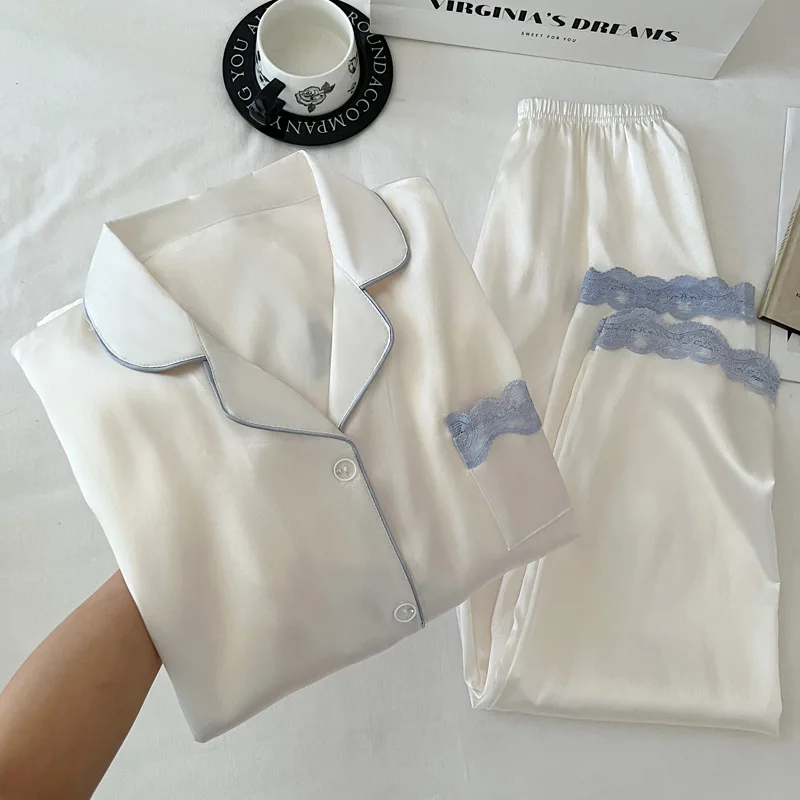 

Spring and Autumn Lace-decorated Long-sleeved, Fresh Style, Fashionable and Minimalist Ice Silk Women's Pajamas Home Set