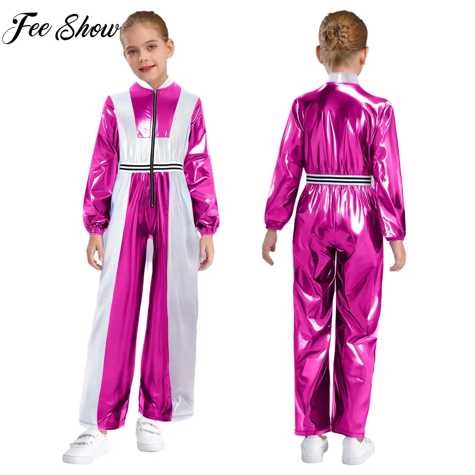 

Kids Long Sleeve Metallic Unitard Jumpsuit for Girls Patchwork Zipper Bodysuit Jazz Hip Hop Street Dancewear Stage Performance