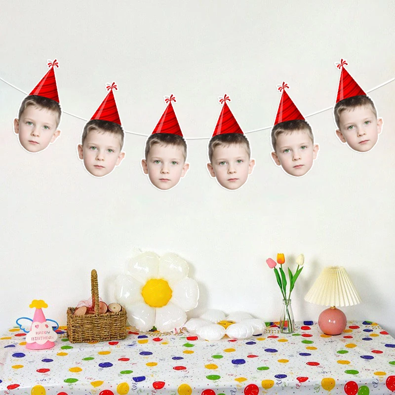 6/12 Stück Personalisierte Foto-Hut-Girlande Individuelle Gesichts-Hutbanner DIY Anpassbare Hängende Dekoration für Geburtstagsfeier Wanddekoration ﻿ – Detail 6