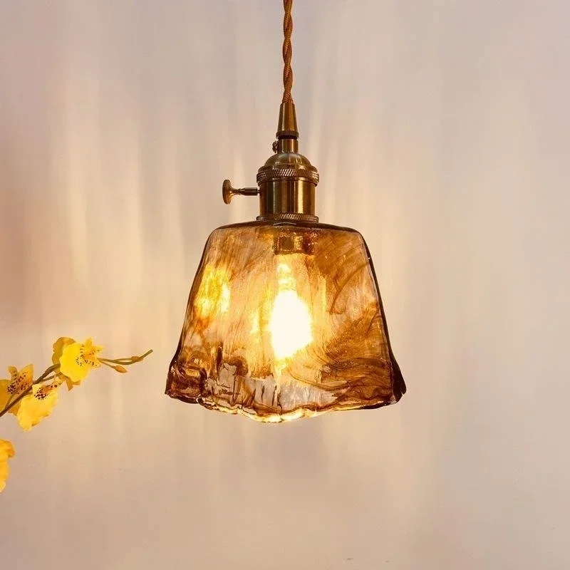 Retro bursztynowa lampa szklany wisiorek LED E27 wisząca lampa na wyspę kuchenną salon sypialnia nocna wystrój domu oświetlenie wewnętrzne