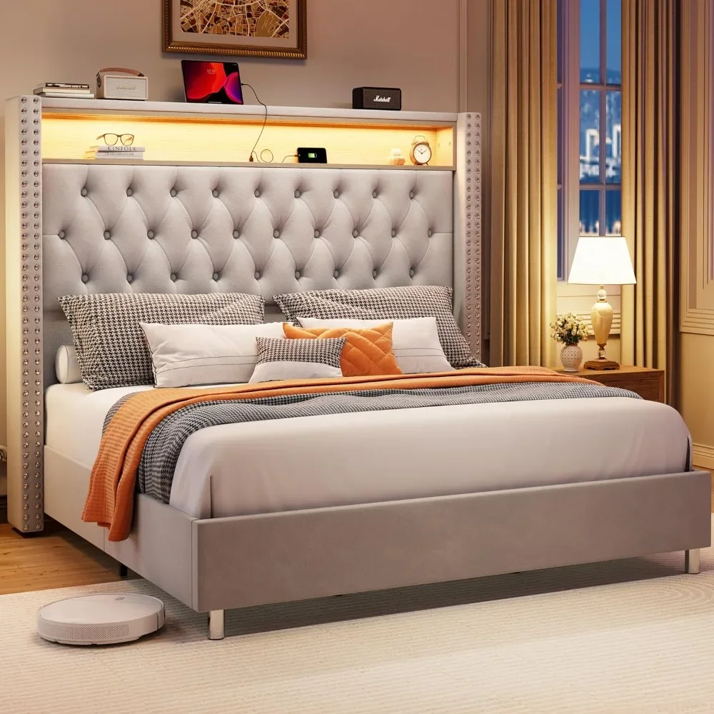 

Queen Bed Frame with LED Lights Charging Station, Velvet Tall Upholstered Platform Bed Frame with Wingback Headboard, Bed Frames