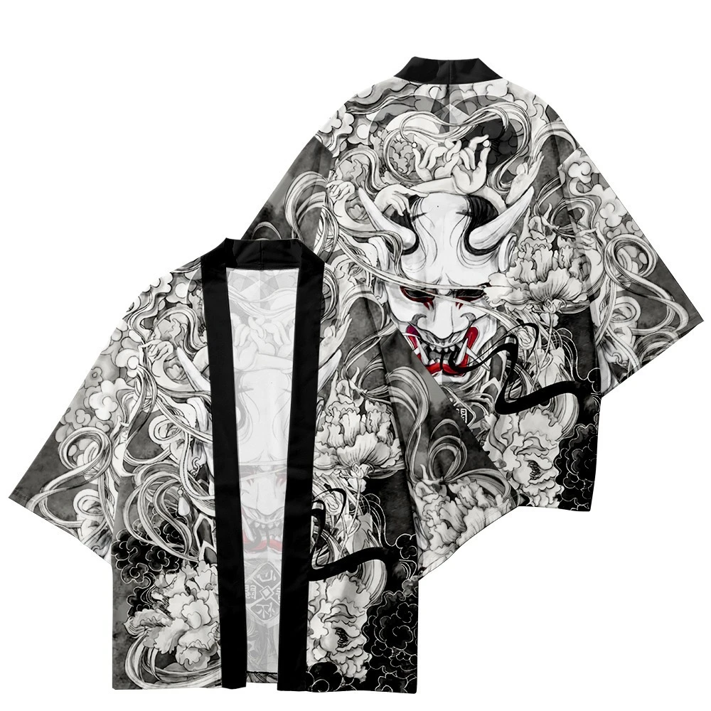 Japanese Anime Demon Print Samurai Cosplay Kimono Beach Clothing Traditional Haori Women Men Streetwear Cardigan Yukata