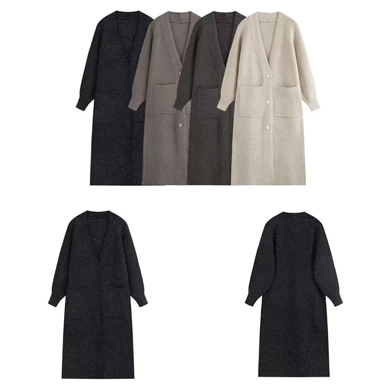 Guobioziy Women Korean Style Longline Knitwear V Neck Ribbed Texture Patch Pockets Single Breasted Elegant Daily Wear Autumn