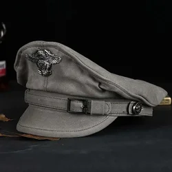 2025 Spring Retro Sailor Cap Men Women Hat Male Canvas Flat Top Cap Grey Eagle Windbreak Belt Locomotive Casquette