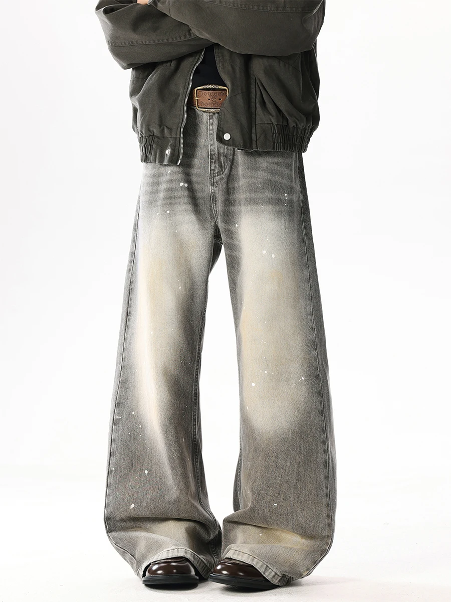 

Men's Distressed Straight Leg Jeans Spray Painting Graffiti Curved Knife Wide Leg Floor-Length American Retro Style