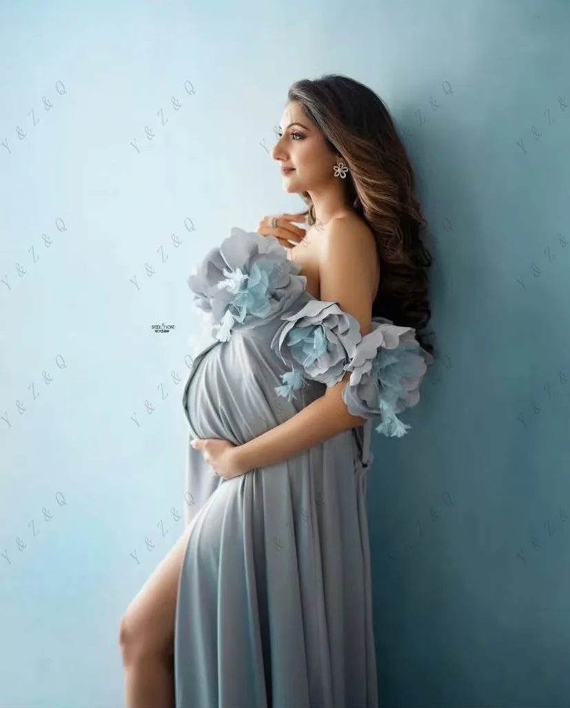 Baby Sky Blue Off Shoulder Maternity Dress Photoshoot 3d Floral Maternity Gowns V Neck Long Pregnant Dress Woman Sexy Split