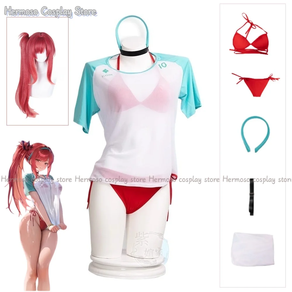 

Rapi Cosplay Costume Wig Anime Cosplay Little Red Riding Hood Summer Swimsuit Red Bikini Set for Women