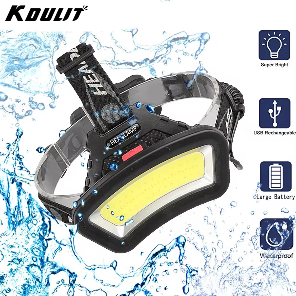 KDULIT Powerful COB LED Headlamp 4 Lighting Modes Head Flashlight USB Rechargeable Use 18650 Battery Camping Fishing Headlight