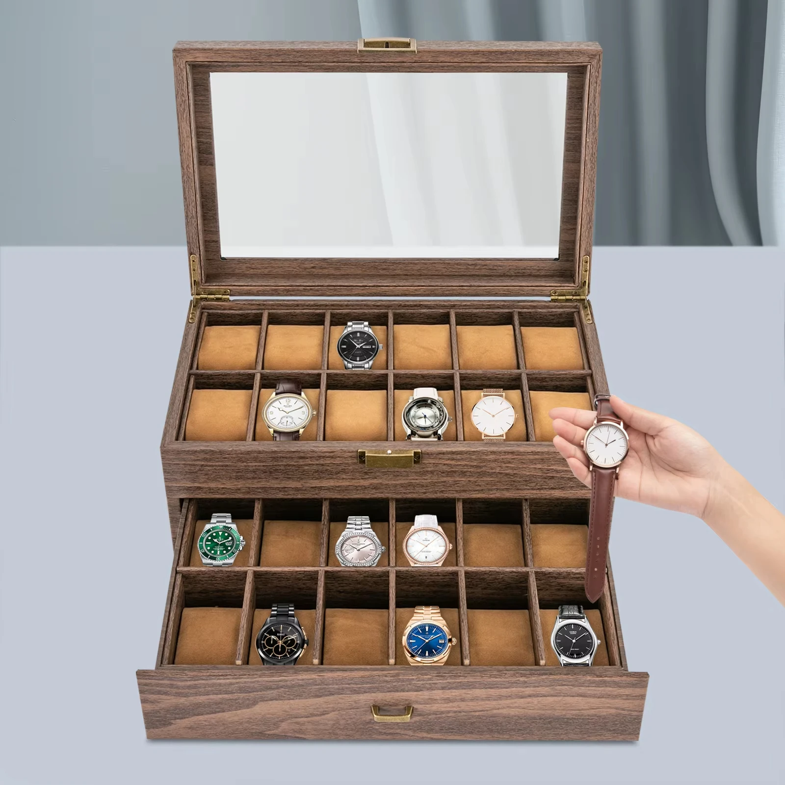 24 Bit Watch Box, 2-Tier Retro Rustic Wooden Watch Box Organizer for Men And Women