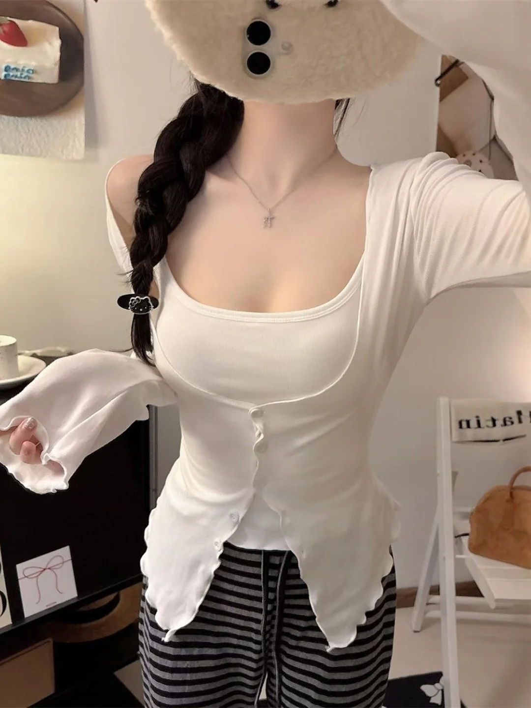 Sexy Spicy Long Sleeve Open Cardigan Women's Inner Wear Strap Vest with Chest Pad Two Piece Set Trendy Pure Desire Style