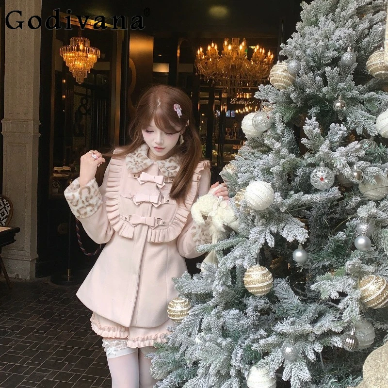 

Pink Thick Woolen Coat and Short Set for Women Japanese Clear Lace Lolita Suits Female Street Wear Sweet Cute Shorts Outfits