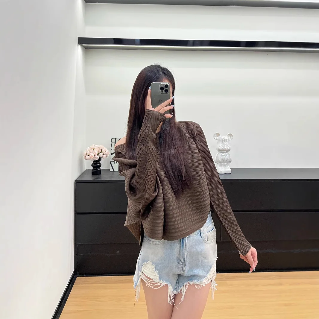 

Miyake плиссированный однотонный топ с круглым вырезом, весна-лето 2024, новый повседневный темпераментный кардиган с длинными рукавами, тонкая футболка